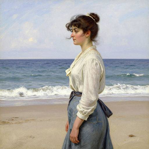 Photograph of a young woman with fair skin and dark hair in a bun, wearing a white blouse and blue high-waisted skirt, standing on