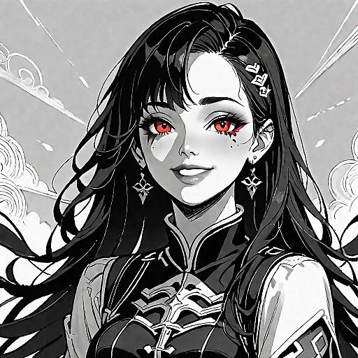 Monochrome Anime Girl with Red Eyes