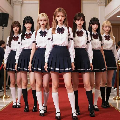 Photograph of seven Japanese schoolgirls in white shirts, black bow ties, and skirts, standing in a row on a red carpet.