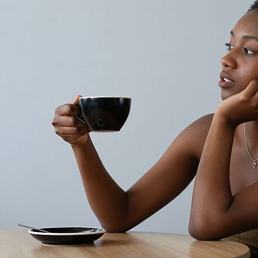 Photograph of a dark-skinned woman with short hair, wearing a sleeveless top, sipping from a black cup, resting her chin on her