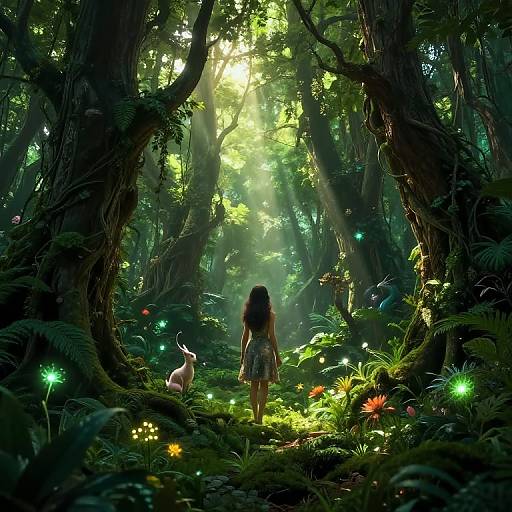 Digital fantasy artwork of a dark-haired girl in a white dress, standing in a sunlit, enchanted forest with glowing flowers and a white rabbit. Light
