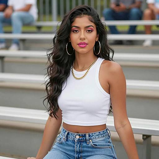 Young Woman in White Crop Top and Gold Jewelry