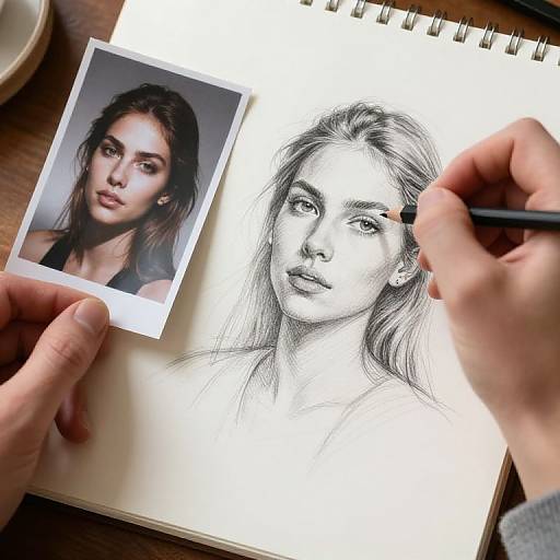 Photograph of a hand sketching a black-and-white portrait of a young woman with wavy hair, next to a colored photo of the same woman