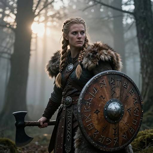 Photograph of a fierce, blonde Viking woman with braided hair, wearing a fur-lined cloak, holding an axe and shield, in a misty