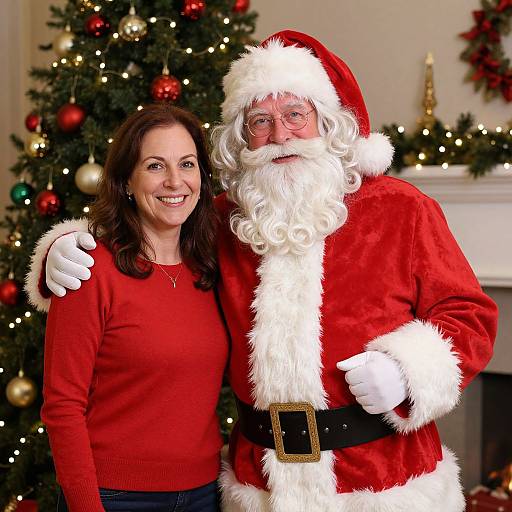 Photograph of a smiling woman in a red sweater and Santa Claus with a white beard and red suit, standing in front of a decorated Christmas tree.