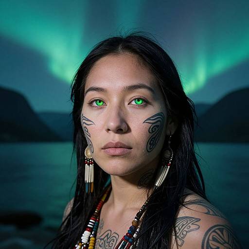 Photograph of an indigenous woman with green eyes, black hair, facial tattoos, and tribal necklace, standing against a backdrop of northern lights and dark mountains