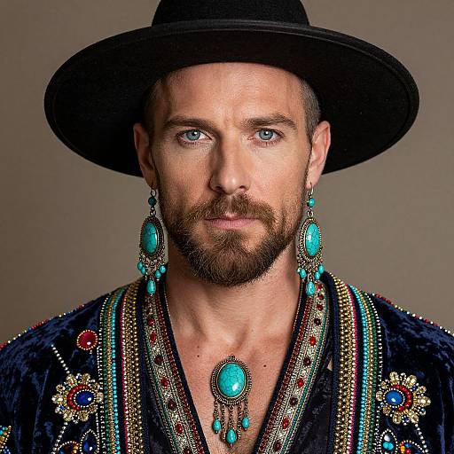 Photograph of a bearded man with blue eyes, wearing a black hat, turquoise earrings, and intricate, colorful embroidered robe with matching necklace, against