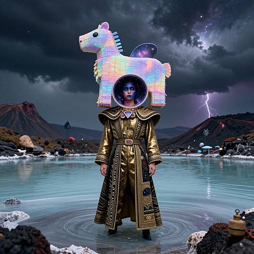 Digital art: Person in gold robe with illuminated, pixelated horse helmet stands in glowing lake, stormy sky, lightning bolt, dark mountains.
