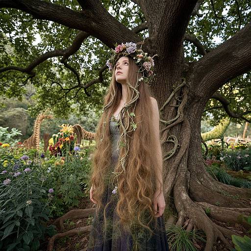 Photograph of a young woman with long, wavy brown hair, wearing a floral crown and dark dress, standing in a lush, sunlit garden