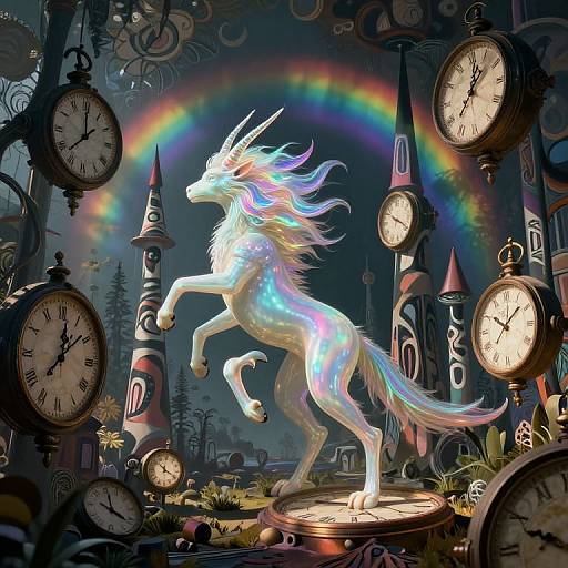Digital painting of a luminous, iridescent unicorn rearing on a pedestal, surrounded by oversized clocks, a vibrant rainbow, and whimsical towers