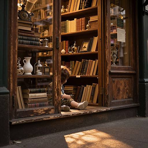 Photograph of a child with curly hair, wearing white socks, sitting inside a warmly-lit, wooden bookshop, surrounded by shelves of books and