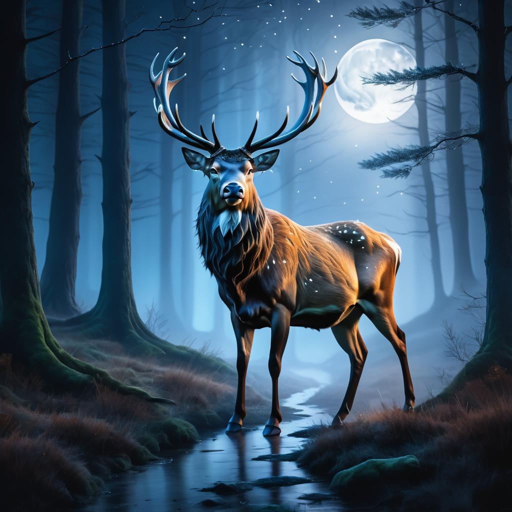 Majestic Stag in Misty Forest at Night