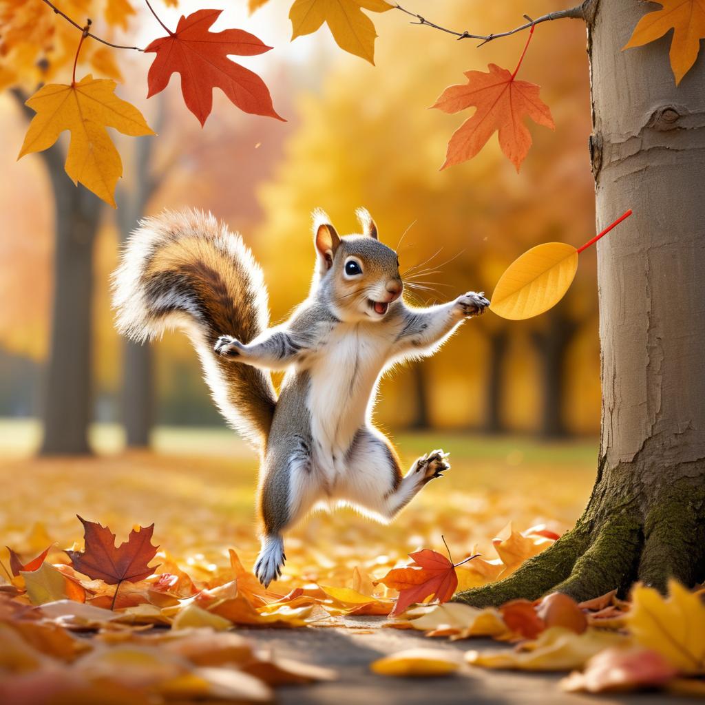 Joyful Squirrel Chasing Feather in Autumn