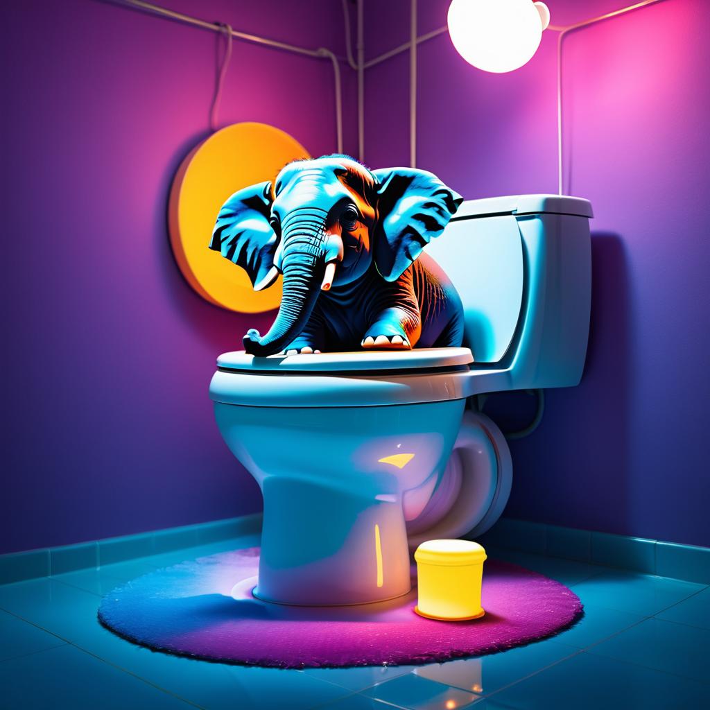 Elephant on Toilet with Party Lights