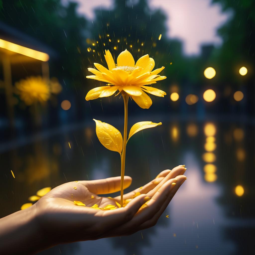 Cinematic Rainy Park with Flower Close-up