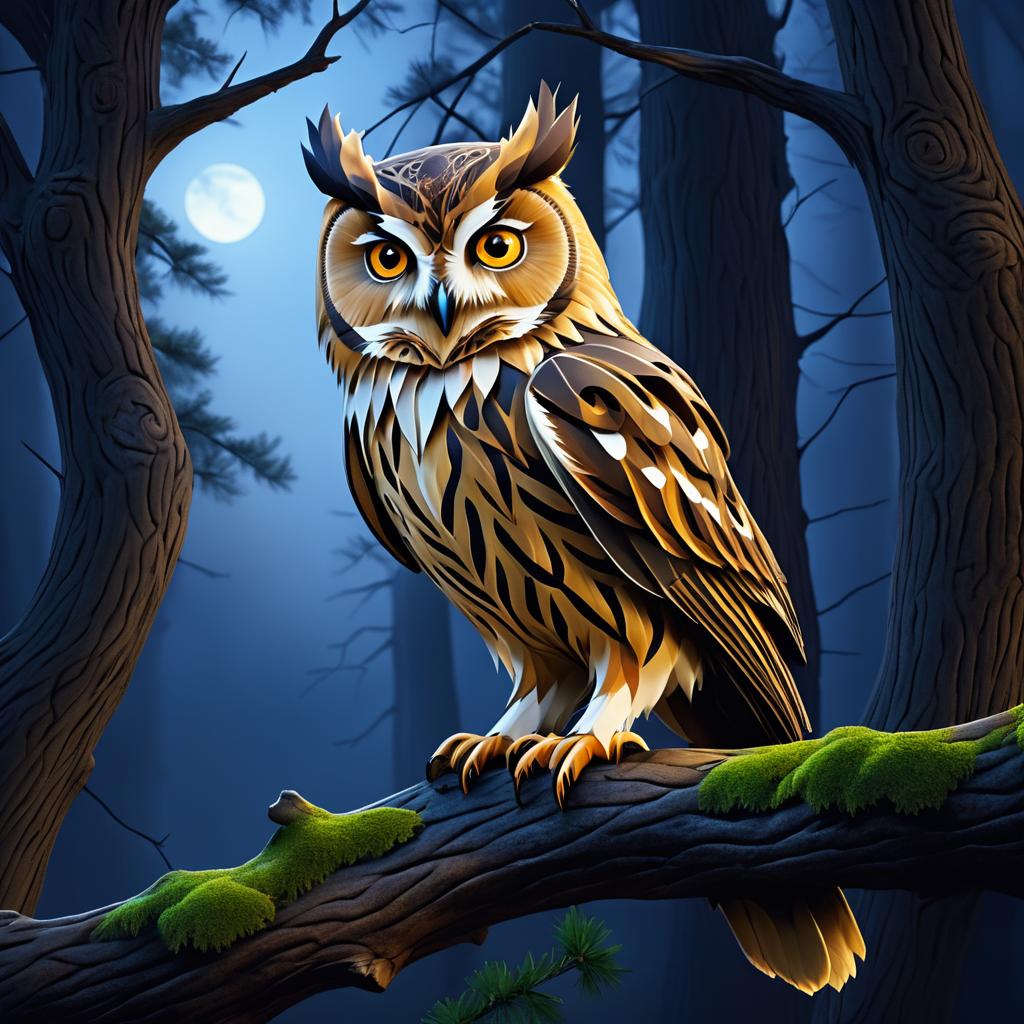 Wise Owl in Twilight Forest Portrait