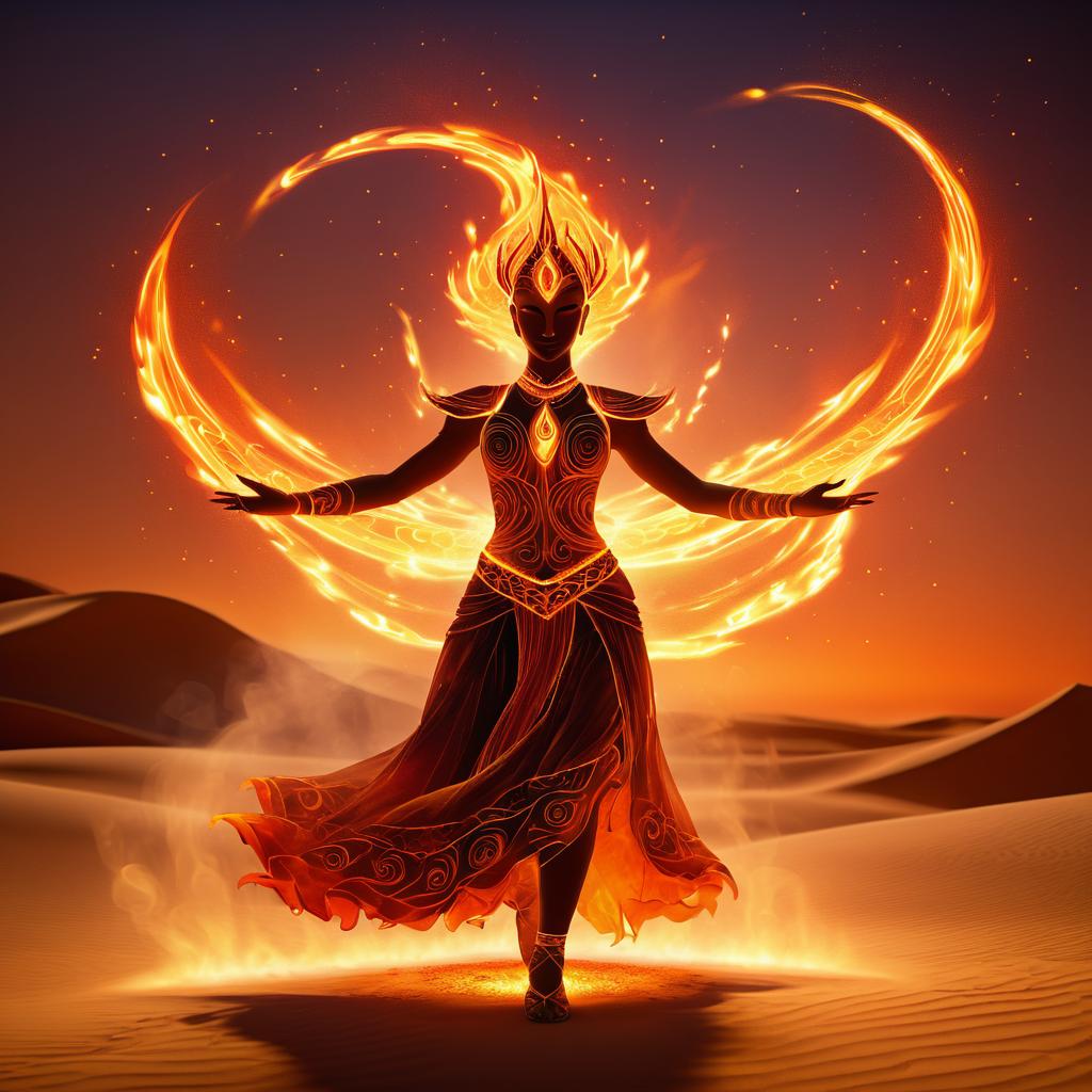 Dancing Fire Spirit in Desert Landscape