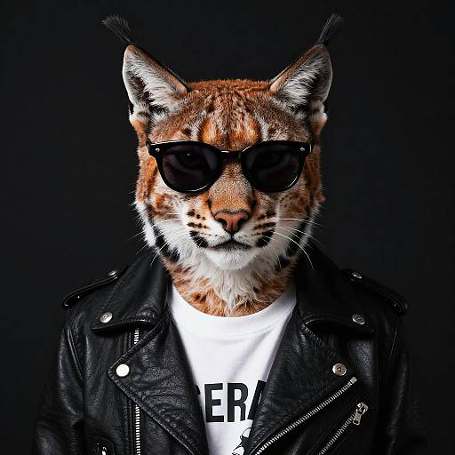 Photograph-style digital artwork of an anthropomorphic lynx wearing black sunglasses, a black leather jacket, and a white T-shirt with 