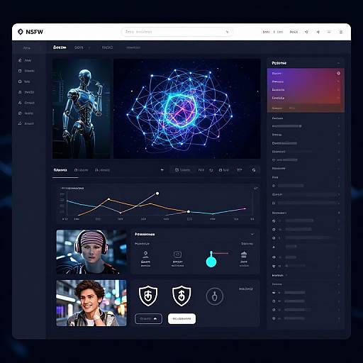 Screenshot of a digital design and animation software interface featuring a blue neon network graphic, character models, line graphs, and user profile images. Dark, futuristic