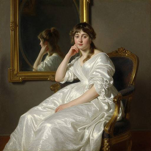 Baroque-style painting of a fair-skinned woman with dark hair, wearing a shimmering white dress, seated on an ornate chair, gazing