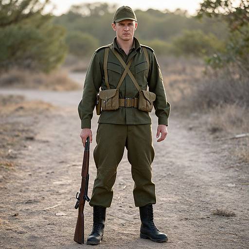 Photograph of a young white male soldier standing on a dirt path, wearing olive green uniform, cap, and boots, holding a rifle, with trees