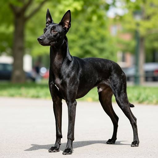 Photograph of a sleek, black, short-haired dog with pointed ears standing on a sunny, tree-lined street, background blurred.