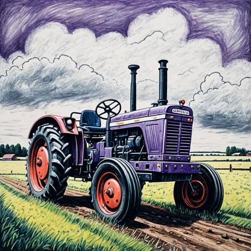 Child's Drawing of Purple Tractor on Farm