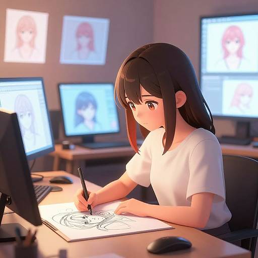 Digital anime-style illustration of a young girl with long brown hair, wearing a white T-shirt, drawing on paper at a desk with multiple glowing computer monitors