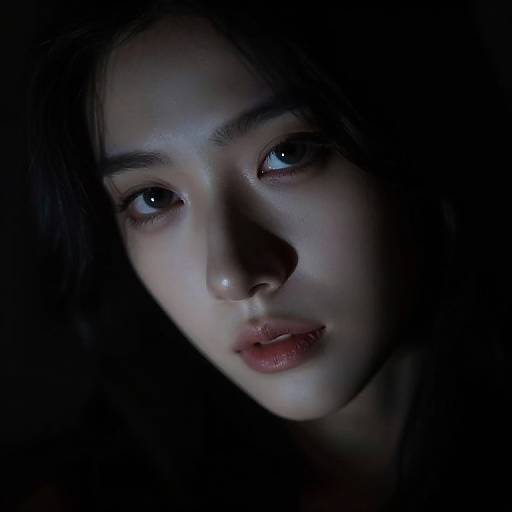 Close-up photograph of an Asian woman with glowing blue eyes and subtle makeup, illuminated against a dark, shadowy background. Her expression is pensive and