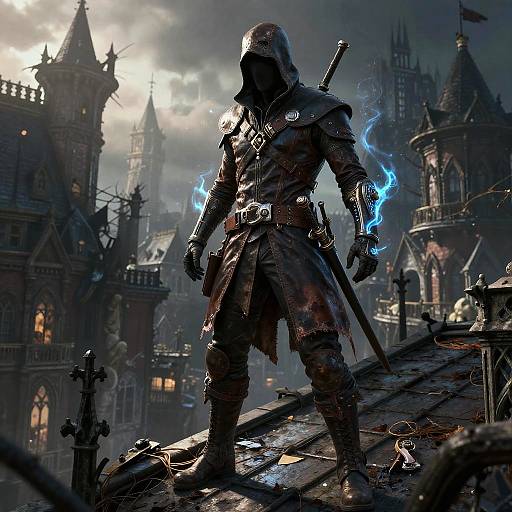 Mysterious armored warrior with glowing blue energy, hooded, standing on rooftop with gothic castle backdrop; digital fantasy artwork.