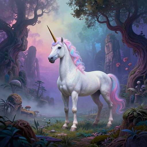 Digital fantasy artwork of a white unicorn with a glowing purple and pink mane standing in a mystical, colorful forest with mushrooms, trees, and a misty