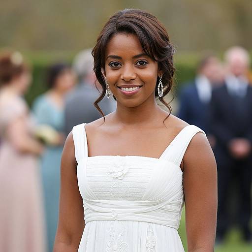 Photograph of a smiling Black woman in a white, sleeveless wedding dress with wavy hair, standing outdoors at a wedding. Blurred guests in