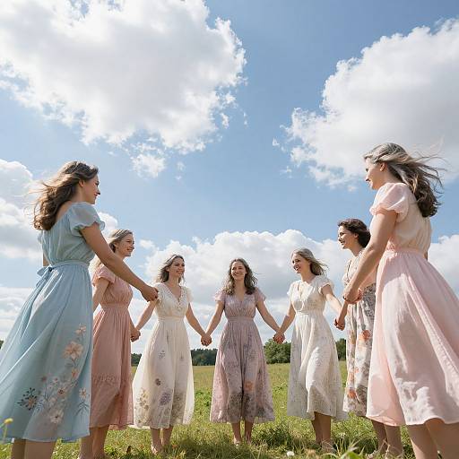Photograph of six women in pastel dresses holding hands, standing in a grassy field under a bright blue sky with fluffy clouds.