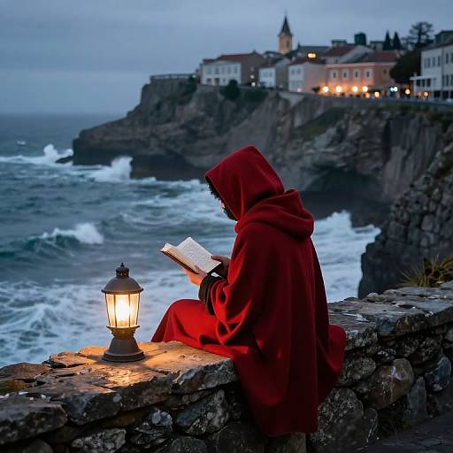 Photograph of a cloaked figure reading by a lantern on a rocky cliff, overlooking a stormy ocean and illuminated coastal village at dusk.