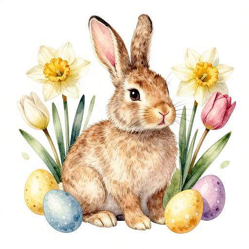 Illustration of a fluffy brown rabbit with upright ears, surrounded by colorful Easter eggs and yellow and pink tulips.