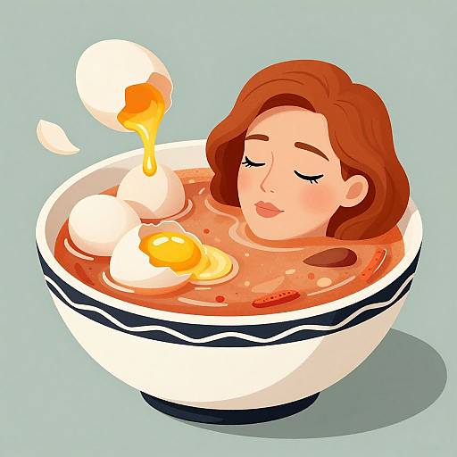 Digital illustration of a woman with closed eyes, brown hair, and fair skin, relaxing in a bowl of spicy soup with two eggs, one egg y