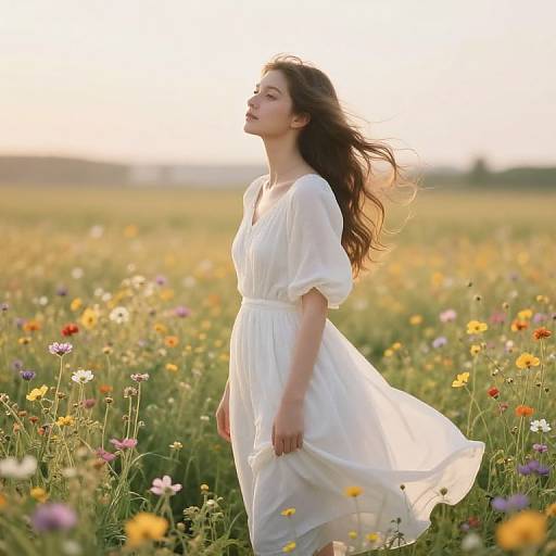 Photograph of a young woman with long brown hair, wearing a white, flowing dress, standing in a sunlit field of colorful wildflowers, with