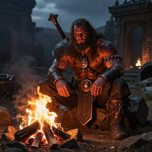 Photograph of a muscular, bearded barbarian warrior with dark hair, armor, and sword, sitting by a fiery campfire in a dark,