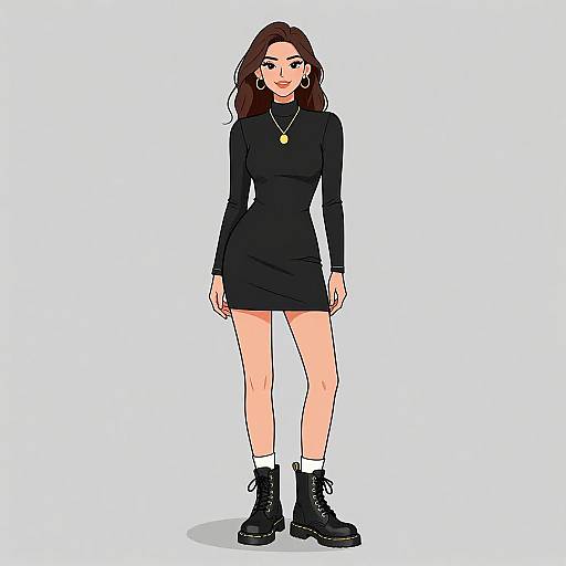 Digital anime-style drawing of a young woman with long brown hair, wearing a black long-sleeve dress, black boots, white socks, and a