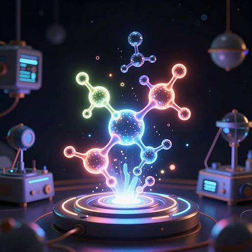 Digital CGI of a glowing molecular structure with colorful neon bonds, centered on a futuristic platform, surrounded by futuristic machines in a dark lab setting.