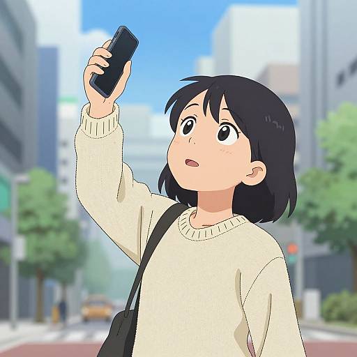 Anime-style digital drawing of a black-haired girl in a white sweater, holding a smartphone, looking up in a bright, urban street.
