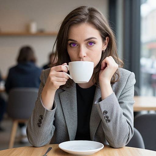 Photograph of a young woman with purple contact lenses, gray blazer, black shirt, sipping from a white cup, seated at a wooden table