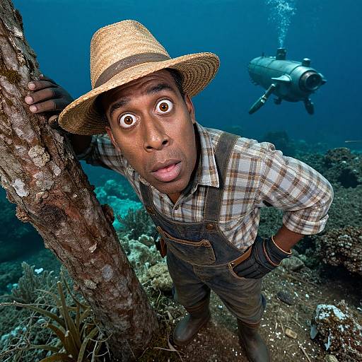 Photograph of a surprised Black man in a straw hat, plaid shirt, and overalls, underwater, next to a tree, with a sc