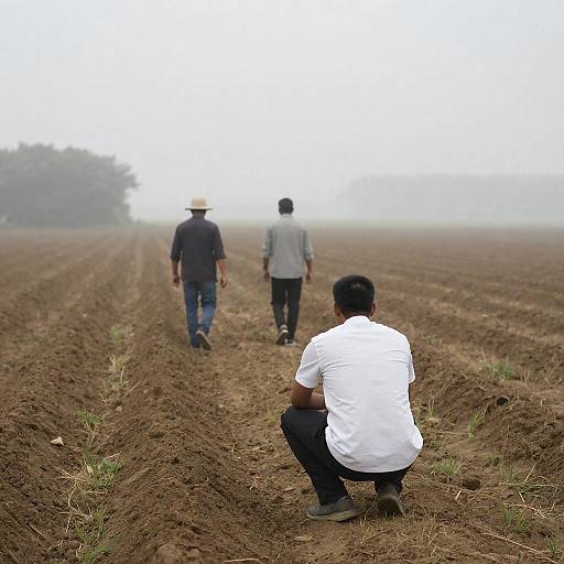 Misty Field with Men in White Shirts
