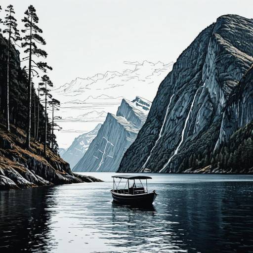 Serene Fjord with Boat and Steep Cliffs