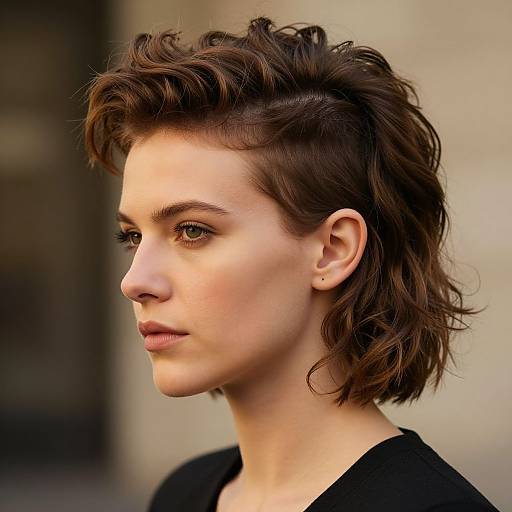 Photograph of a young woman with short, wavy brown hair, fair skin, and subtle makeup, wearing a black top, in profile against a