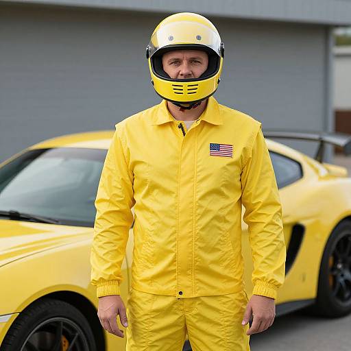 Man in Yellow Race Car Driver Costume