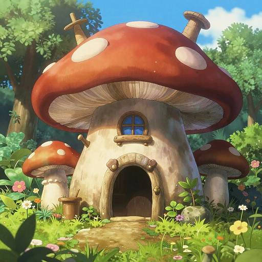 Whimsical Anime Satyr in Mushroom House