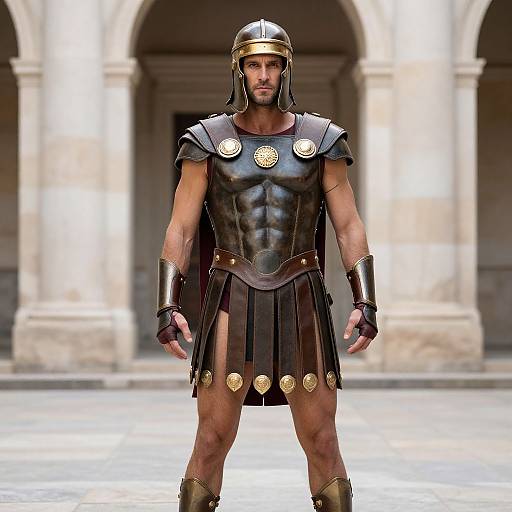 Photorealistic CGI of a muscular man in ancient Roman gladiator armor, standing in a colonnaded courtyard, wearing a bronze helmet.