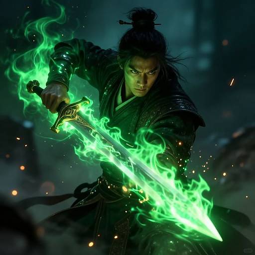 Warrior with Sword Engulfed in Green Flames